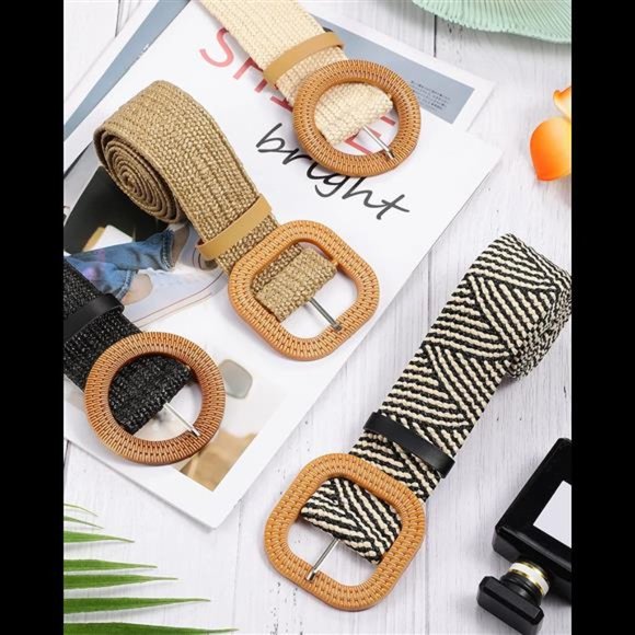 4 Pack Straw Woven Elastic Stretch Waist Belt Women Skinny Dress Belt Wooden Buc main image 7